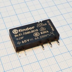 34.51.7.060.0010, Ультратонкое электромеханическое реле; монтаж на печатную плату; 1CO 6A; контакты AgNi; катушка 60В DC (чувствит.); степень защиты RTII