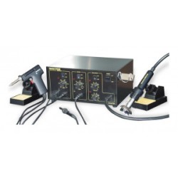 QUICK 702 ESD, Трехканальная ремонтная станция, паяльник 200°C-480°C, стабильность ±1°C, термофен 150°C-500°C компрессор