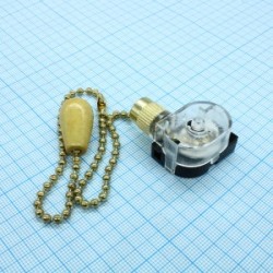 Выключатель для настенного светильника, 220В, 3А, длина цеп.=270мм, длина пров.=120мм, цвет - Gold, с деревянным наконечником