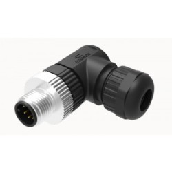 Вилочный разъем PB-M12A-03P-MM-SR7001, Вилочный разъем на кабель, 3 полюса, M12, угловой, винтовая фиксация провода, A-Code, диаметр кабеля: 4,0-8,0 мм, сечение: 0,25 - 0,52 мм кв., 4А, 250V, корпус из пластика, резьбовой фиксатор раъемного соединения мет